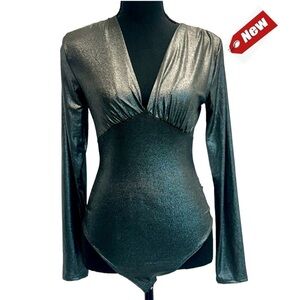 LIVE IN THE MOMENT gray metallic silver long sleeve deep V plunge bodysuit NWT